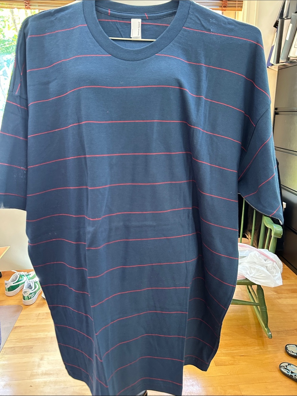 American Apparel Navy Short-Sleeve Tee with Thin Red Stripes